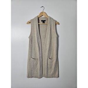 WHBM Oatmeal Heather Knit Longline Open Front Sweater Vest M EUC